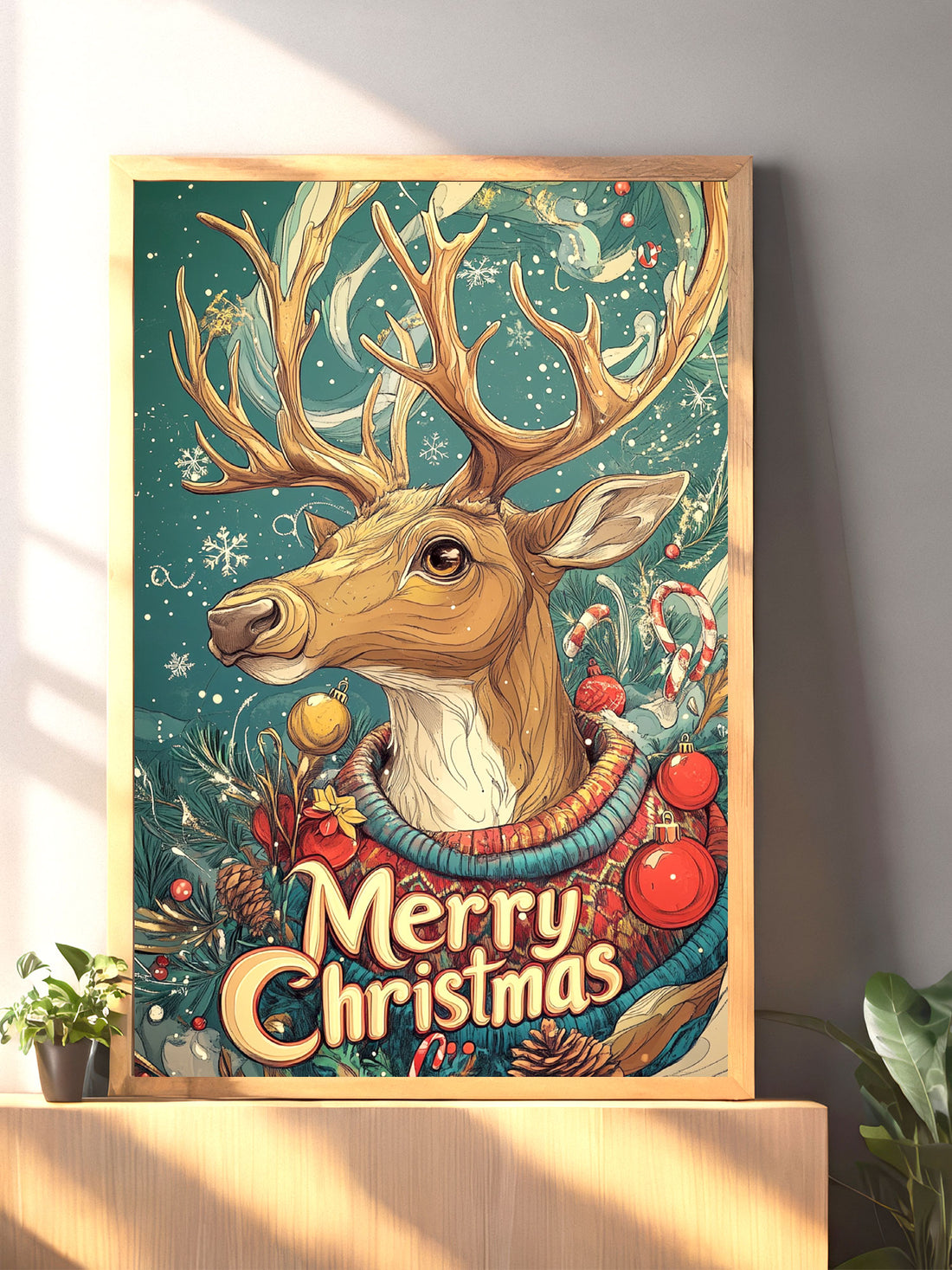 Add some holiday cheer to your home with our Reindeer In Sweater Merry Christmas Canvas Wall Art. This unique piece features a festive reindeer in a cozy sweater, perfect for bringing a touch of warmth and joy to any room. Made with high-quality materials, it's sure to become a beloved holiday decoration for years to come.