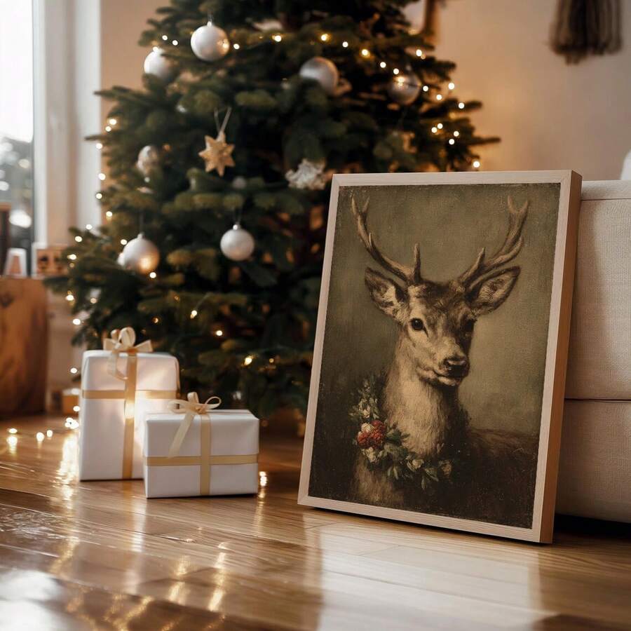 Vintage Reindeer Rustic Christmas Cottagecore Canvas Poster