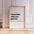 Light brown frame mockup of remember why you started quote on herringbone floor