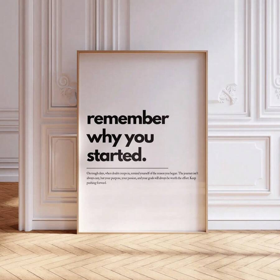 Light brown frame mockup of remember why you started quote on herringbone floor