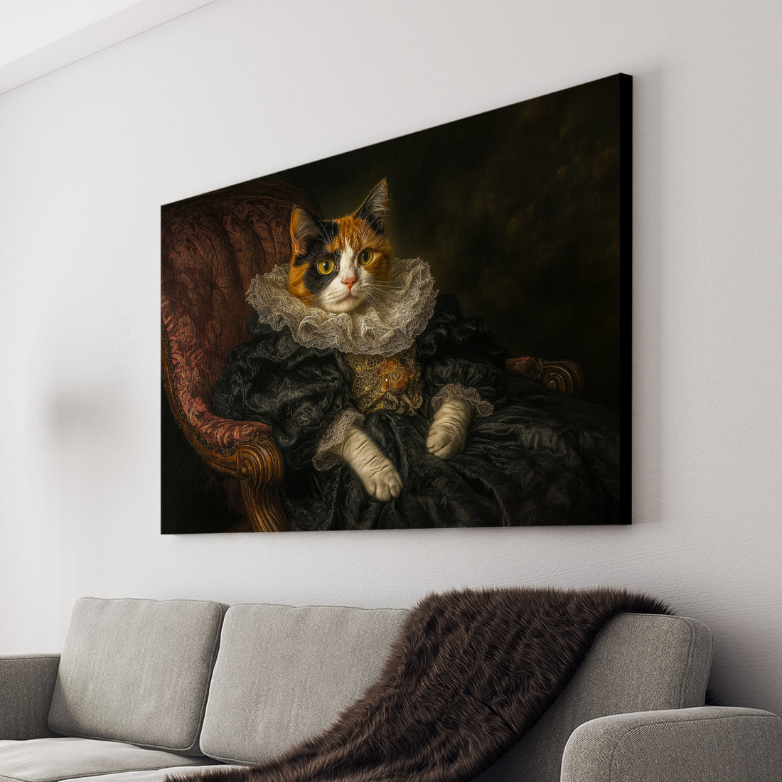 Add a touch of elegance and charm to your home decor with our Renaissance Style Cat Portrait Canvas Wall Art. Featuring stunning Victorian Royal Pet Photography, this piece makes the perfect addition to your living room, sofa backdrop, or bedside
