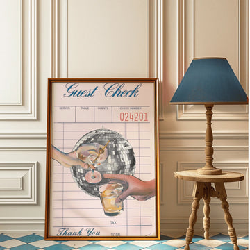 Framed disco ball cocktail canvas poster with vintage guest check design