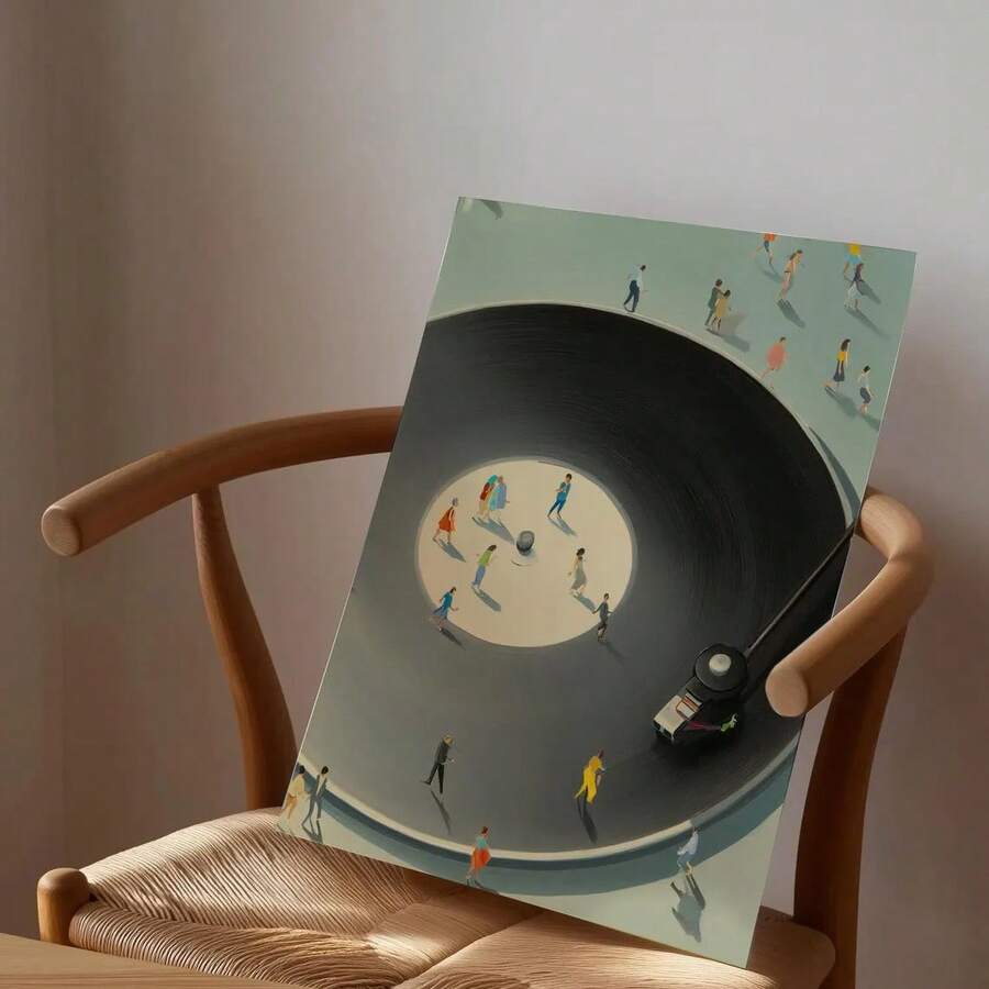 Unframed vinyl record canvas with tiny colorful figures around the grooves