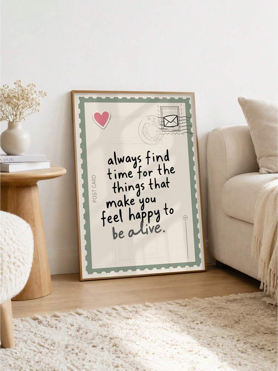 Motivational postcard canvas print with positive quote and pink heart