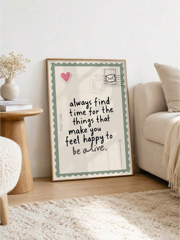 Motivational postcard canvas print with positive quote and pink heart