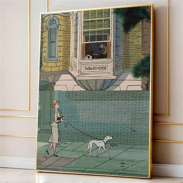 Retro Architecture and Street Stroll Canvas poster featuring charming Dalmatians. Perfect for vintage, European, travel inspired, and cozy home decor.