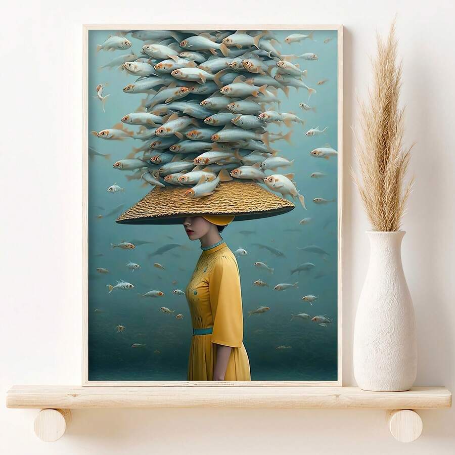 Surreal woman fish wall art with yellow dress and straw hat