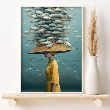 Surreal woman fish wall art with yellow dress and straw hat