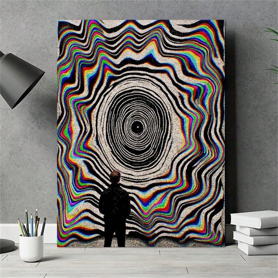 Optical vortex canvas poster with black concentric rings, colorful wavy bands and a silhouetted figure