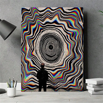 Optical vortex canvas poster with black concentric rings, colorful wavy bands and a silhouetted figure