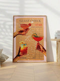 Retro guest-check poster with three hands holding colorful cocktails