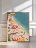 Beach wall art with umbrellas loungers swimmers and turquoise shoreline scene