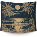 Navy and tan beach sunset surf tapestry with palm trees waves and surfers