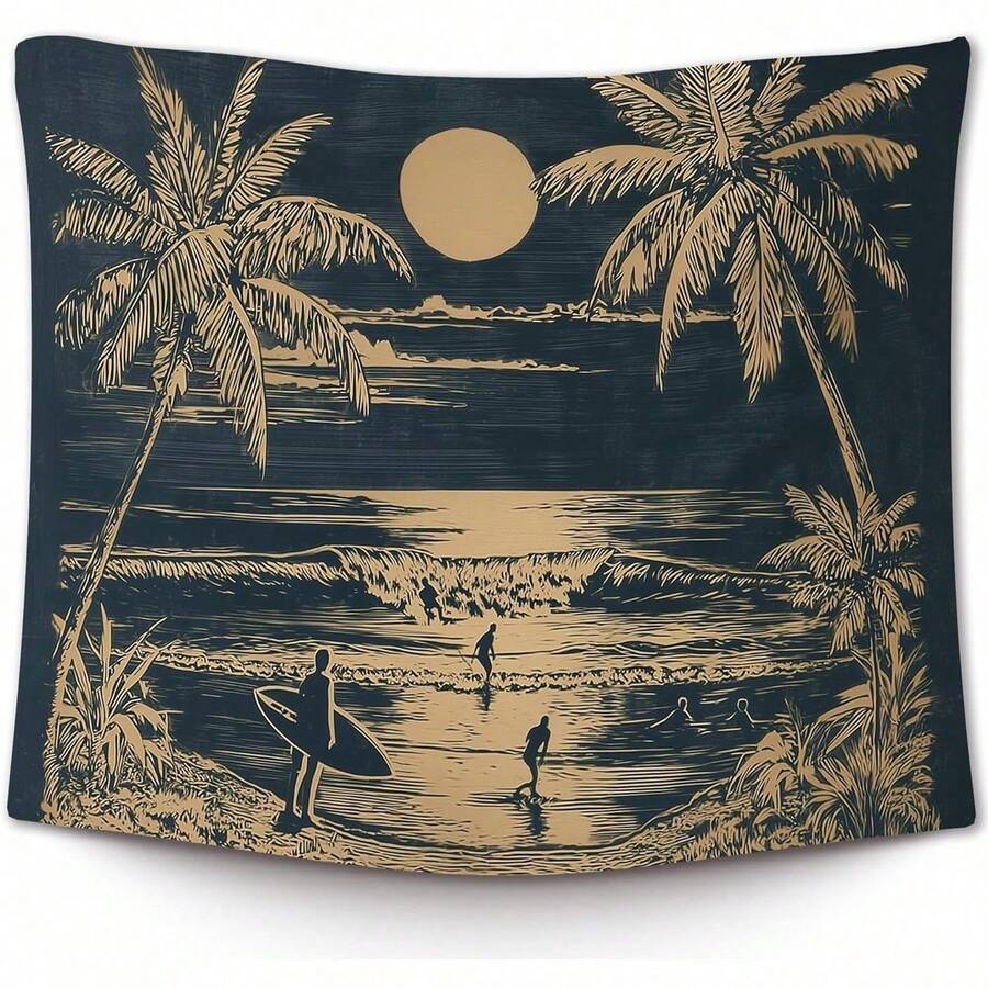 Navy and tan beach sunset surf tapestry with palm trees waves and surfers