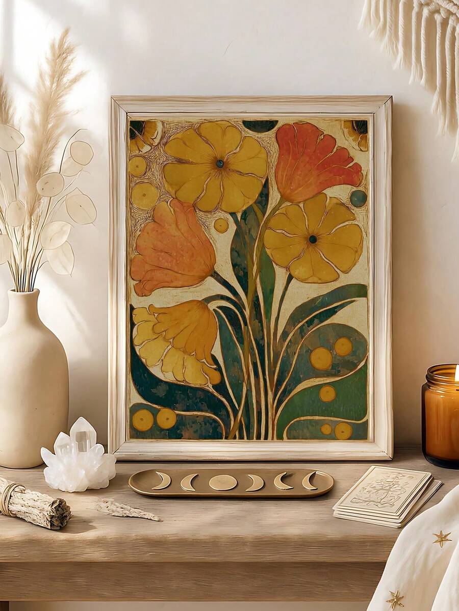 Floral wall art with stylized botanical bouquet in mustard orange olive green and teal