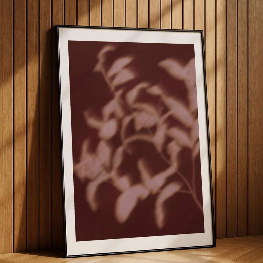 Retro burgundy botanical shadow leaf abstract canvas poster with soft pink and beige tones