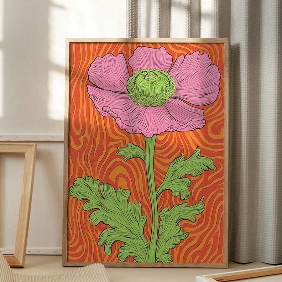 Retro Color-Blocked Pink Floral Line Art Canvas Poster 