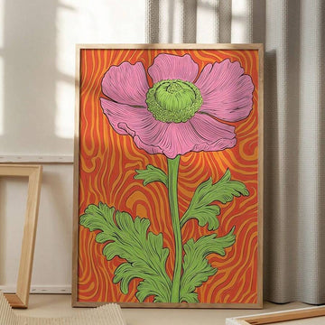Retro Color-Blocked Pink Floral Line Art Canvas Poster 