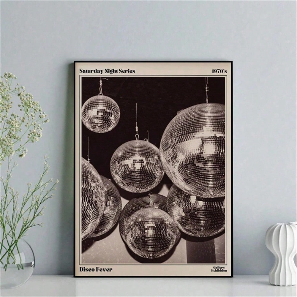 Transform your space with this striking retro disco ball canvas poster, a nostalgic nod to the vibrant 70s era. Featuring bold, eye-catching design elements characteristic of vintage disco aesthetics, this piece brings dynamic energy and groovy charm to any room.