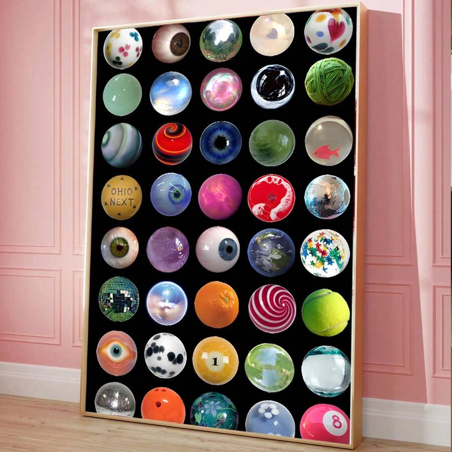 Retro disco planets collage poster on pink wall
