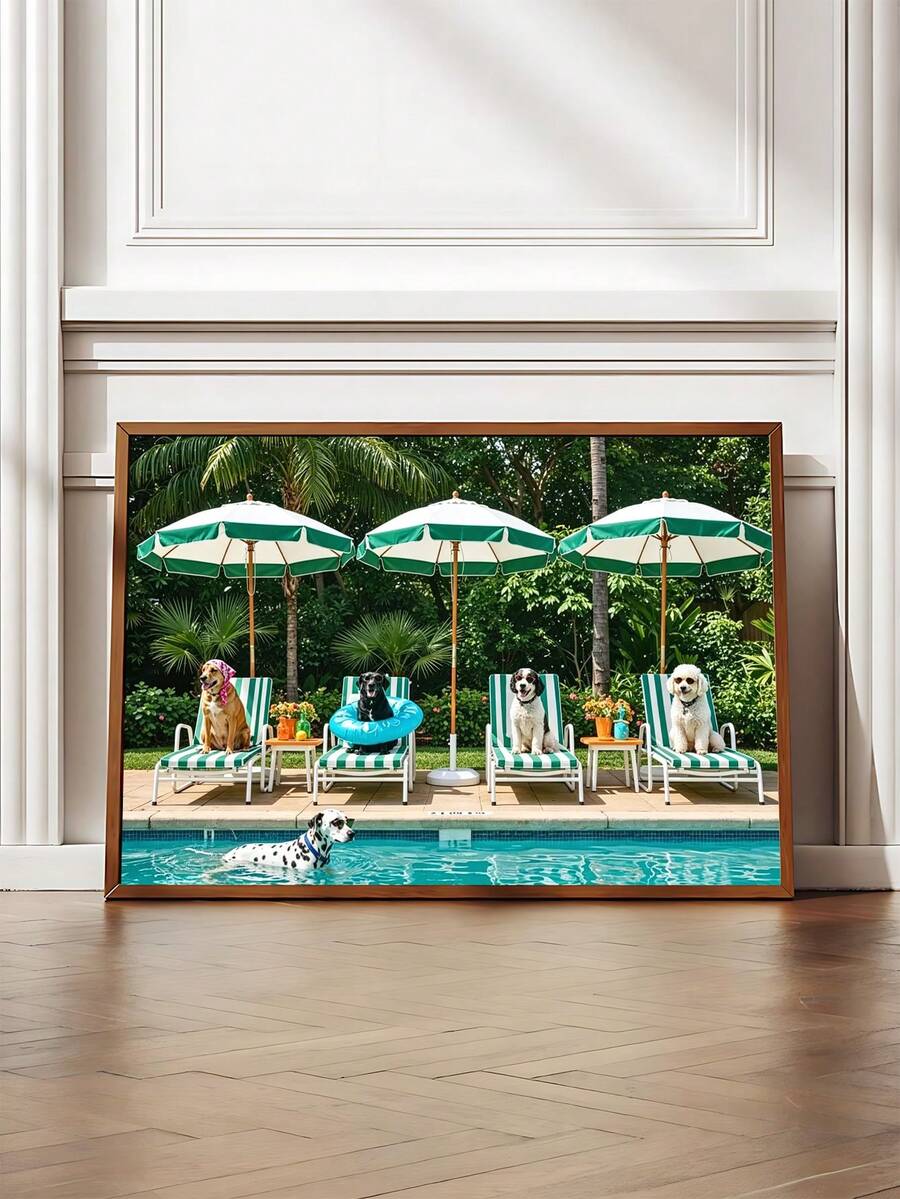 Retro dog pool wall art with striped umbrellas