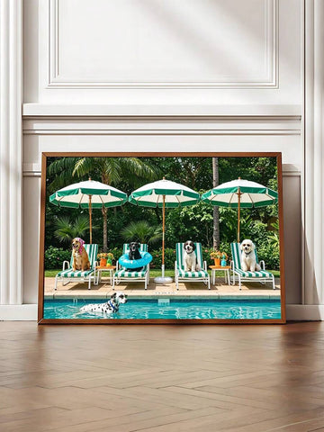 Retro dog pool wall art with striped umbrellas