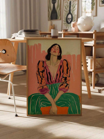 Large framed colorful seated woman fashion illustration on floor in studio room