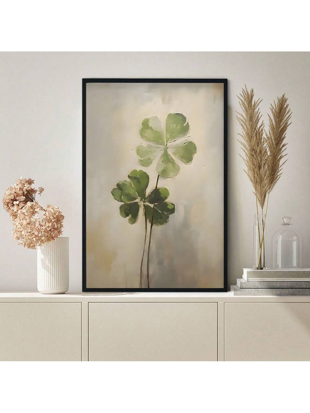 Enhance your St. Patrick's Day home decor with this retro four-leaf clover oil painting print. This vintage-inspired piece adds a touch of luck to any room and captures the essence of the holiday. Made with high-quality materials, this painting is the perfect addition to your festive celebrations.
