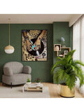 Living room mockup with vinyl record turntable canvas print on dark green wall above chair