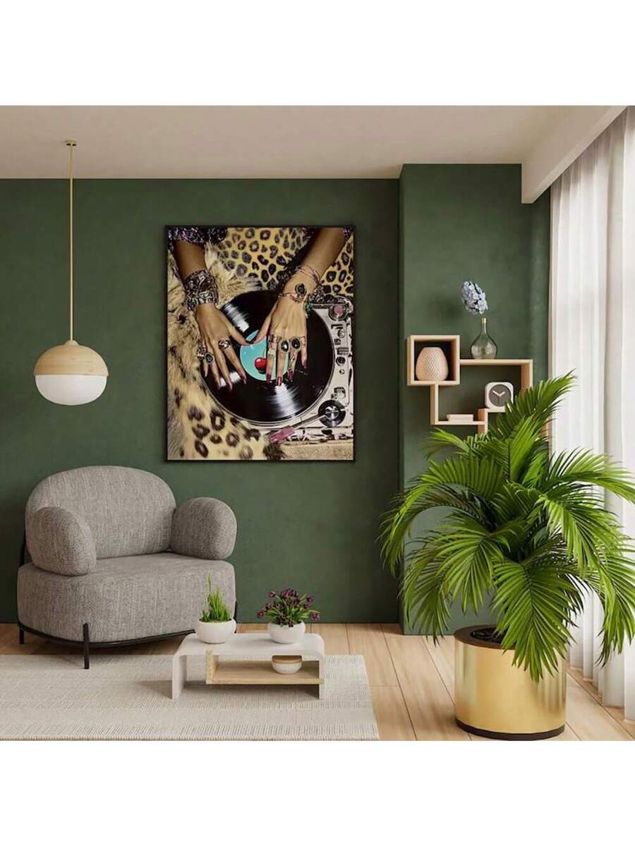 Living room mockup with vinyl record turntable canvas print on dark green wall above chair