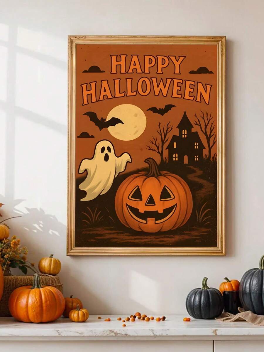 Vintage Halloween poster with ghost black cat bats and haunted house