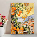 Italian citrus travel canvas poster with oranges and a coastal village