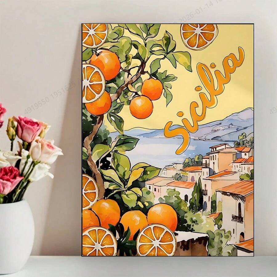 Italian citrus travel canvas poster with oranges and a coastal village