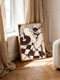Retro Line Art Woman with Vinyl Record & Red Wine Checkerboard Canvas Poster 