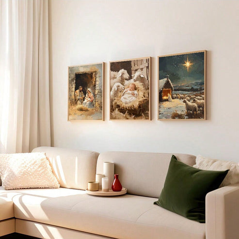 Retro Nativity scene Christian canvas wall art for Christmas home decor