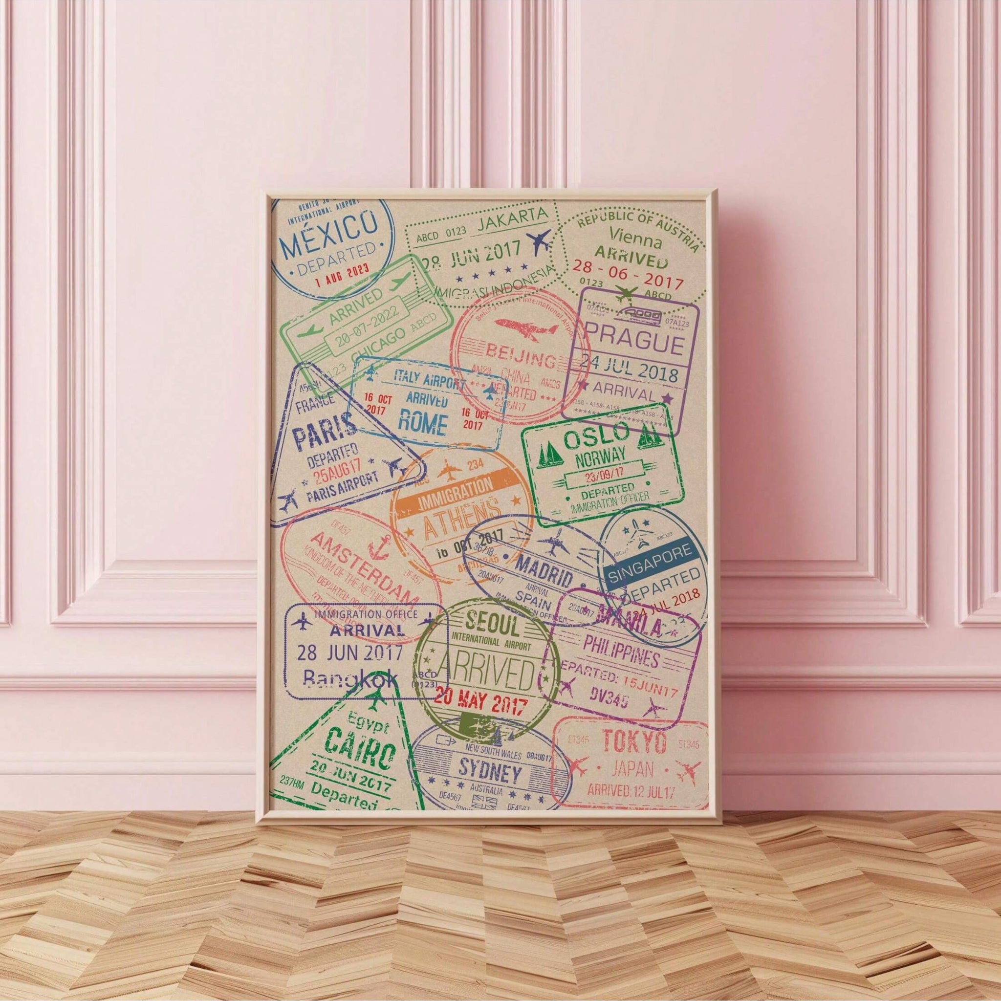 Elevate your travel decor with our Retro Passport Stamps Canvas Print. Featuring a stylish design of vintage passport stamps, this wall art will bring a touch of wanderlust to any room. Made with high-quality materials, this canvas print is perfect for travel enthusiasts looking to add a unique and timeless piece to their collection.