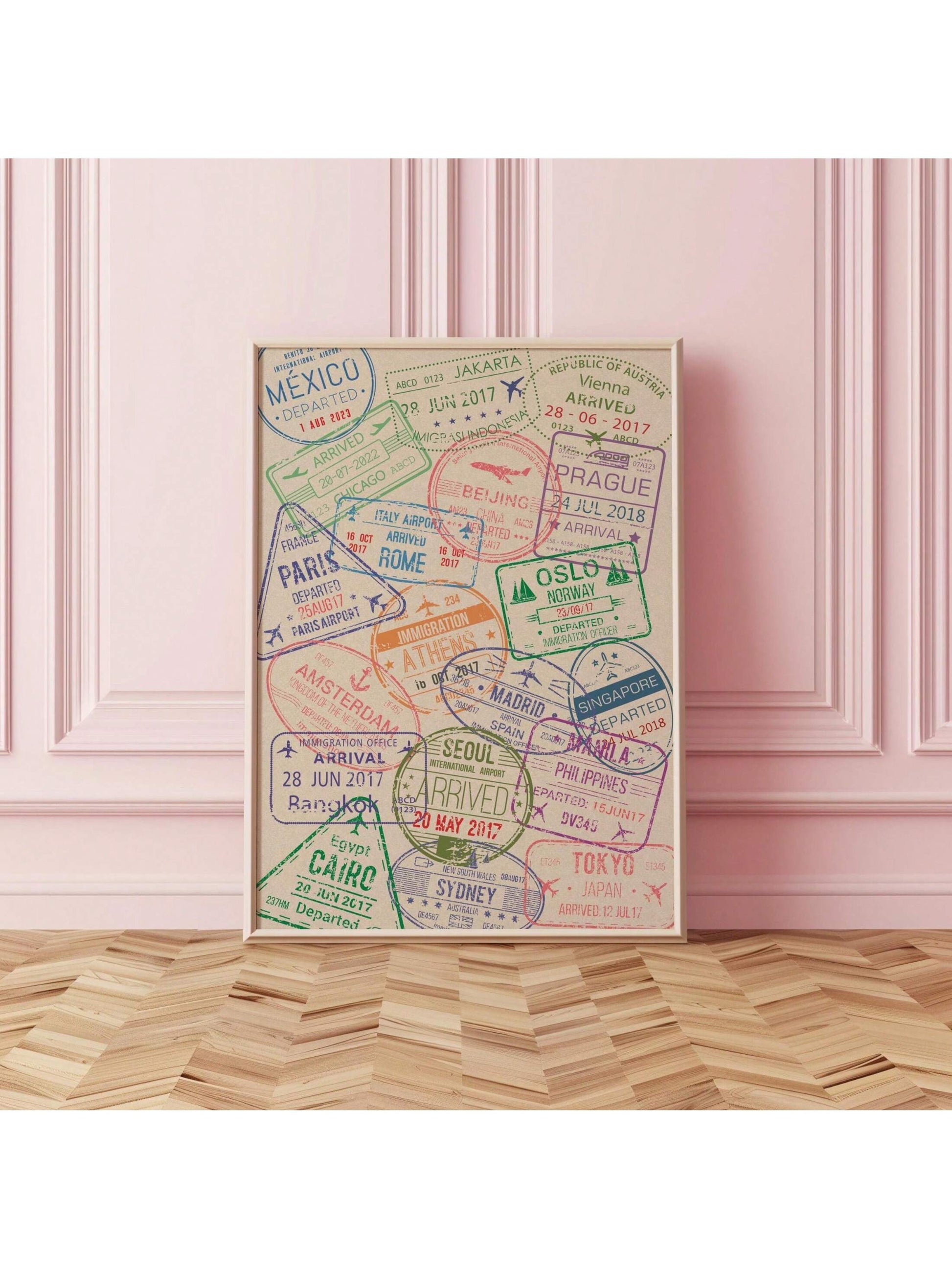 Elevate your travel decor with our Retro Passport Stamps Canvas Print. Featuring a stylish design of vintage passport stamps, this wall art will bring a touch of wanderlust to any room. Made with high-quality materials, this canvas print is perfect for travel enthusiasts looking to add a unique and timeless piece to their collection.