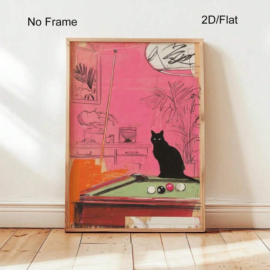 Bring retro vibes to your game room with this funky pink cat billiards art poster. Featuring a playful cartoon cat design, this unframed canvas print adds personality and charm to any space. The waterproof material ensures durability and easy maintenance, making it perfect for home offices, rec rooms, or anywhere you want to showcase your love of pool and quirky decor. A unique conversation starter that celebrates the fun side of billiards culture.