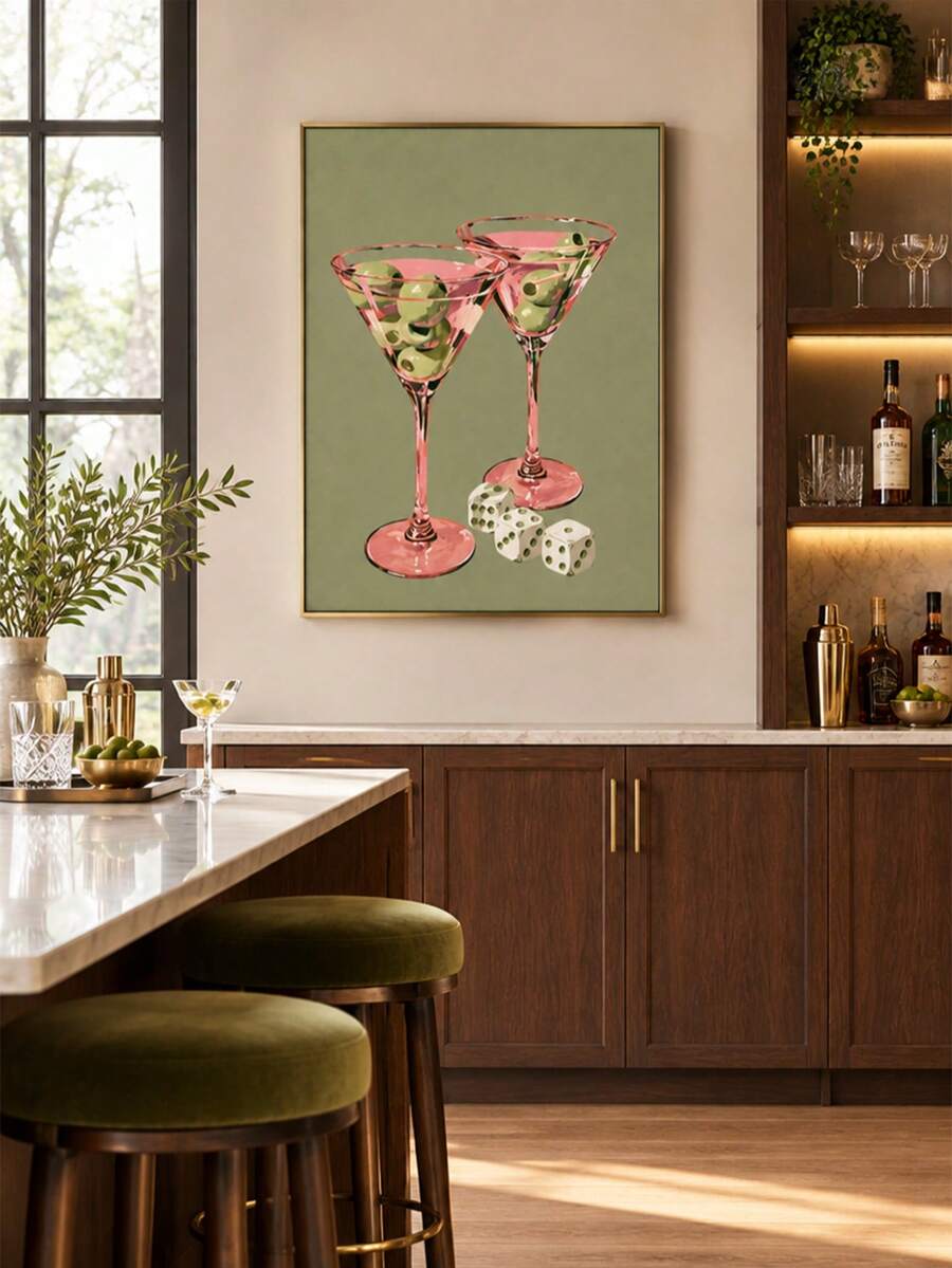 Add 70s charm to your home with retro pink martini canvas wall art featuring green olives and dice, perfect for kitchens and home bars.