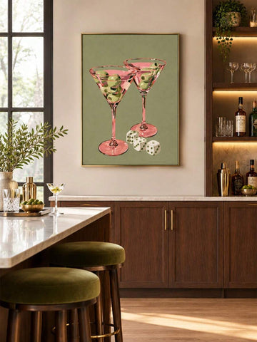 Add 70s charm to your home with retro pink martini canvas wall art featuring green olives and dice, perfect for kitchens and home bars.