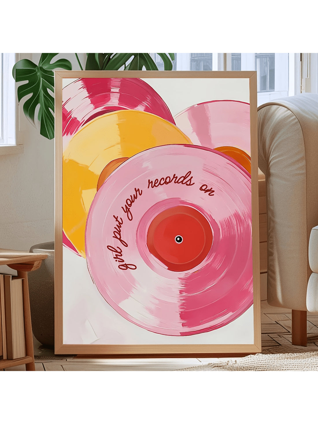 Celebrate your love of music with this striking retro pink vinyl record canvas poster. Featuring a nostalgic design that captures the essence of classic vinyl culture, this unframed wall art brings vintage charm to any room.