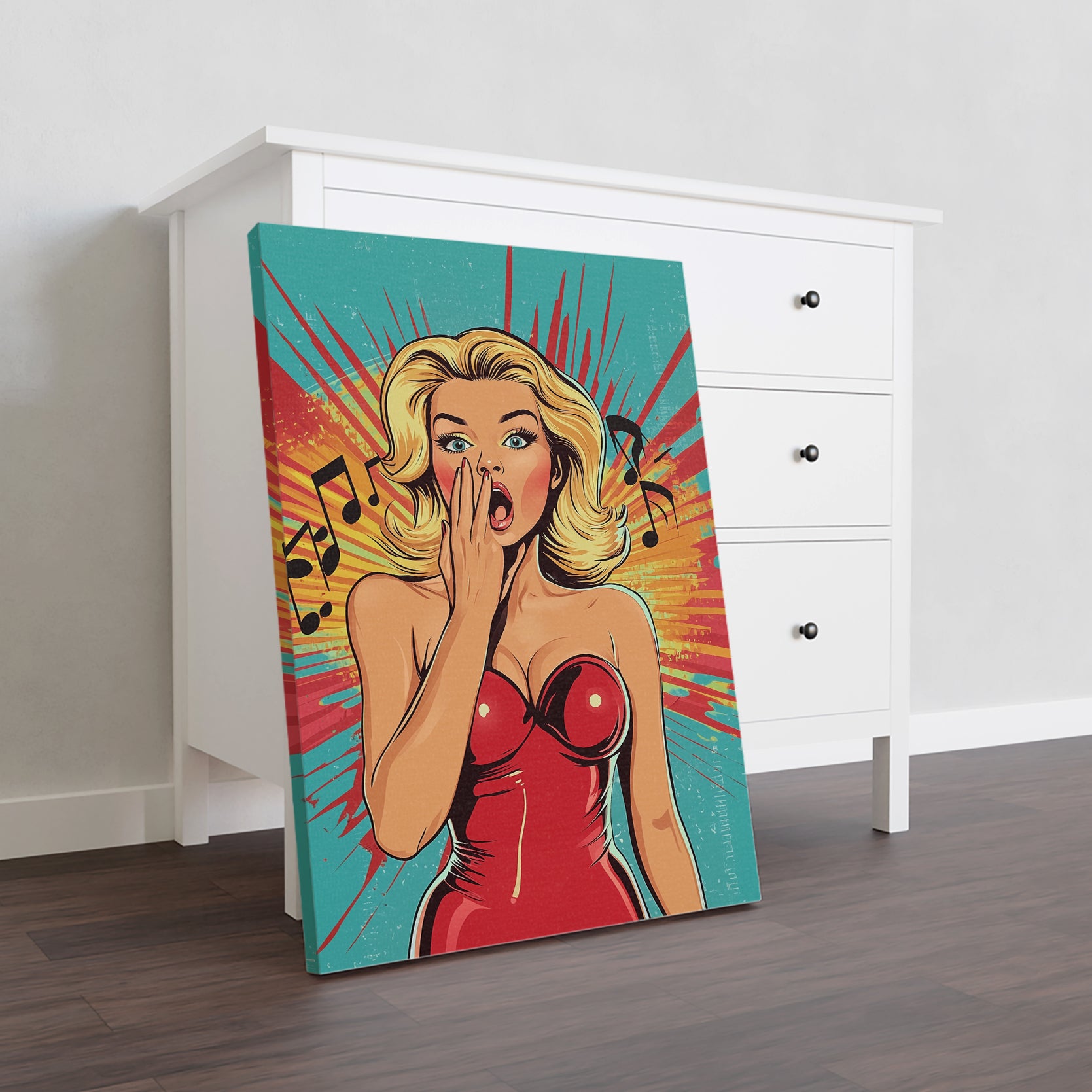 Add a touch of retro pop art to your living room, sofa backdrop, bedside or any other room in your home with this canvas wall art featuring a singing woman and musical notes. The colorful design is sure to brighten up your space and evoke a sense of nostalgia.