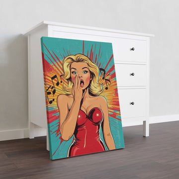 Add a touch of retro pop art to your living room, sofa backdrop, bedside or any other room in your home with this canvas wall art featuring a singing woman and musical notes. The colorful design is sure to brighten up your space and evoke a sense of nostalgia.