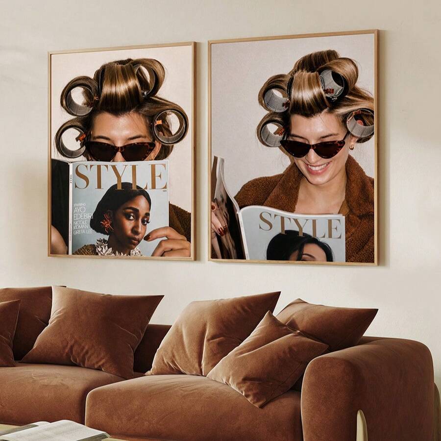 Paired STYLE magazine portraits displayed above a plush brown sectional sofa