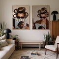 Two hair roller fashion portrait posters displayed above a neutral living room bench