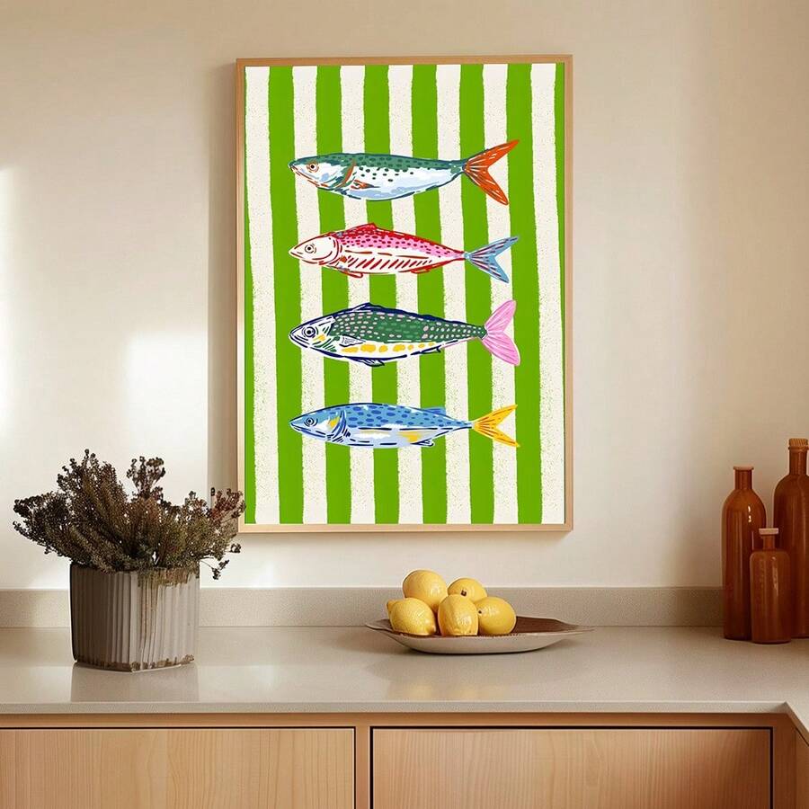 Retro sardine wall art with four colorful fish