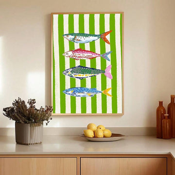 Retro sardine wall art with four colorful fish