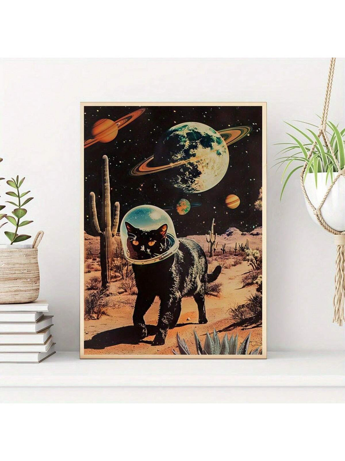Discover the perfect blend of vintage and whimsy with our Retro Space Astronaut and Black Cat Canvas Art Print. This unique piece of wall decor brings a touch of nostalgia to any space, while also adding a playful element with the addition of a curious feline. Made with high-quality materials, it's the perfect finishing touch for any season.