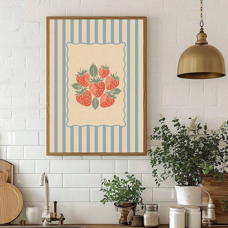 Bring vintage charm to your kitchen with this delightful retro strawberry canvas poster. Featuring classic French country blue stripes and rustic farmhouse aesthetics, it's the perfect accent for dining rooms and kitchen spaces. The waterproof canvas construction ensures durability and easy maintenance. Available as both framed and unframed options to suit your décor style. Transform your walls with timeless fruit-inspired artwork that captures the warmth of countryside living.