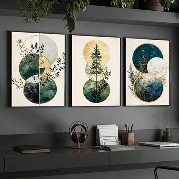 Botanical geometric abstract triptych canvas set displayed above a dark home-office desk